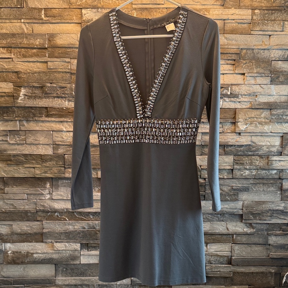 VENUS Charcoal Long Sleeve Dress with Silver Accents